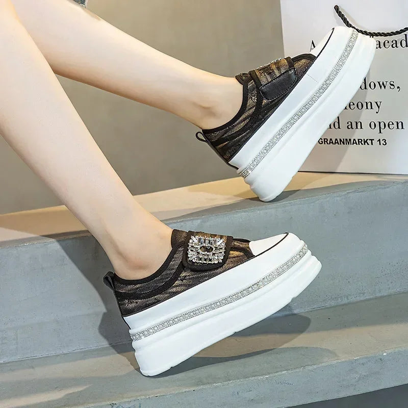 Denim Platform Wedge Genuine Leather Casual Comfy High Brand Chunky Sneakers Hidden Heels Shoes