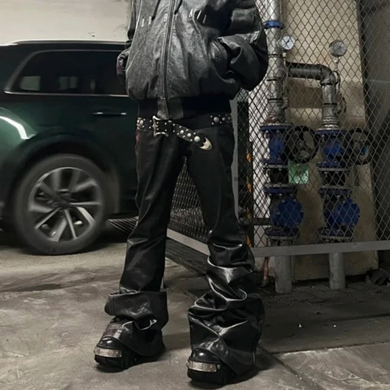 High Street Wide Leg Glossy Leather Pants Sashes Boot Cut Men and Women Straight Baggy Casual Jeans Oversized Flared Trousers