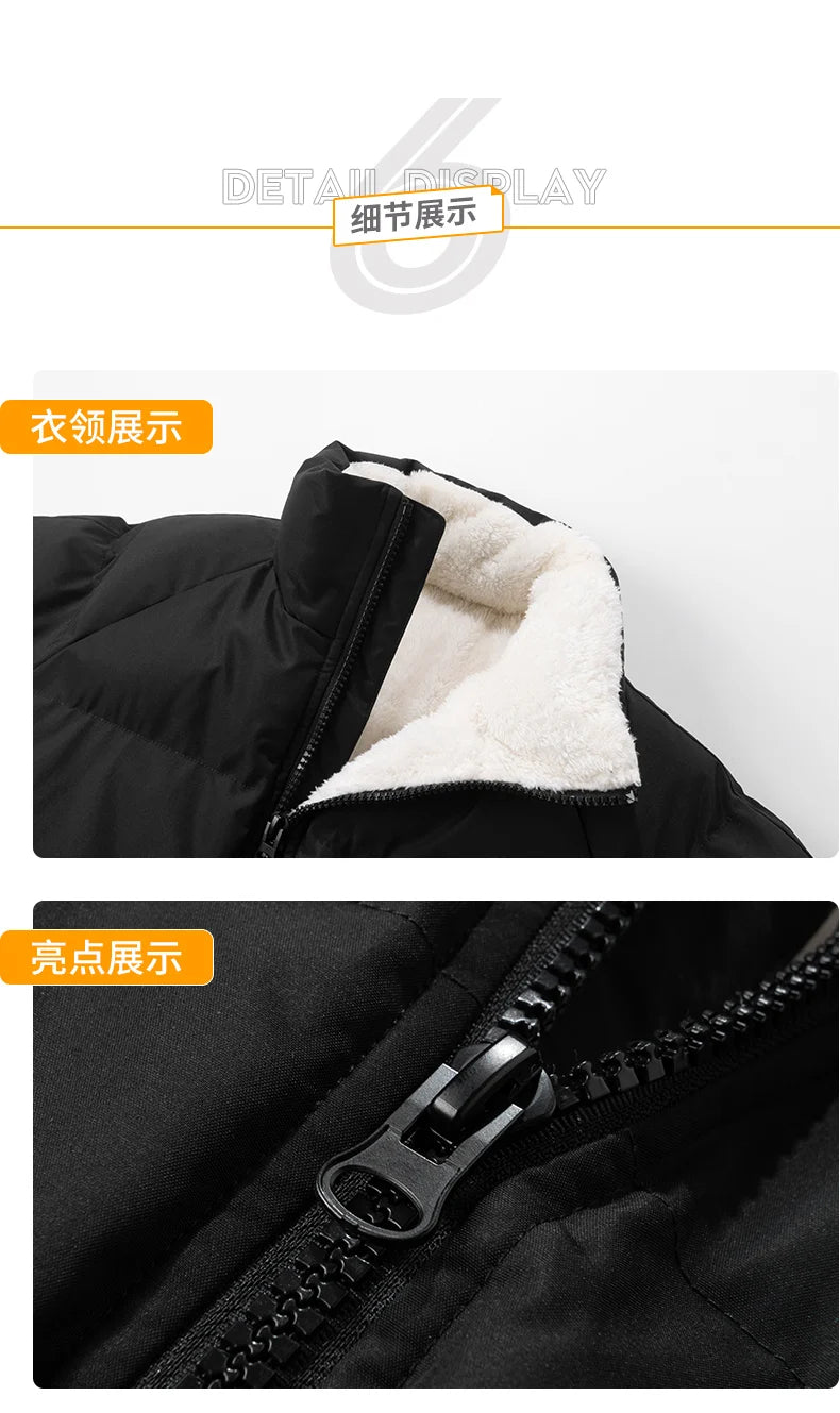Warm Parka Coat Fleece Inside Male Solid Color Stand Collar Cotton Jacket Men's