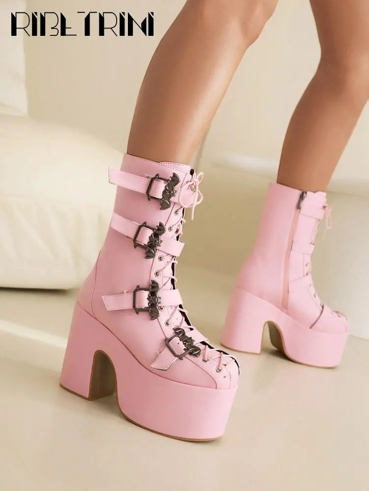 Goth Women Motorcycle Boots Block High Heels Platform Cool Street Boots