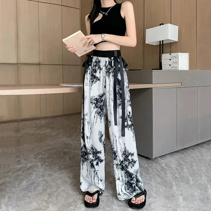 Women's Thin Casual Ice Silk Chiffon Wide Leg Pants Strap Drop Straight Tube Floor Trousers Korean Women
