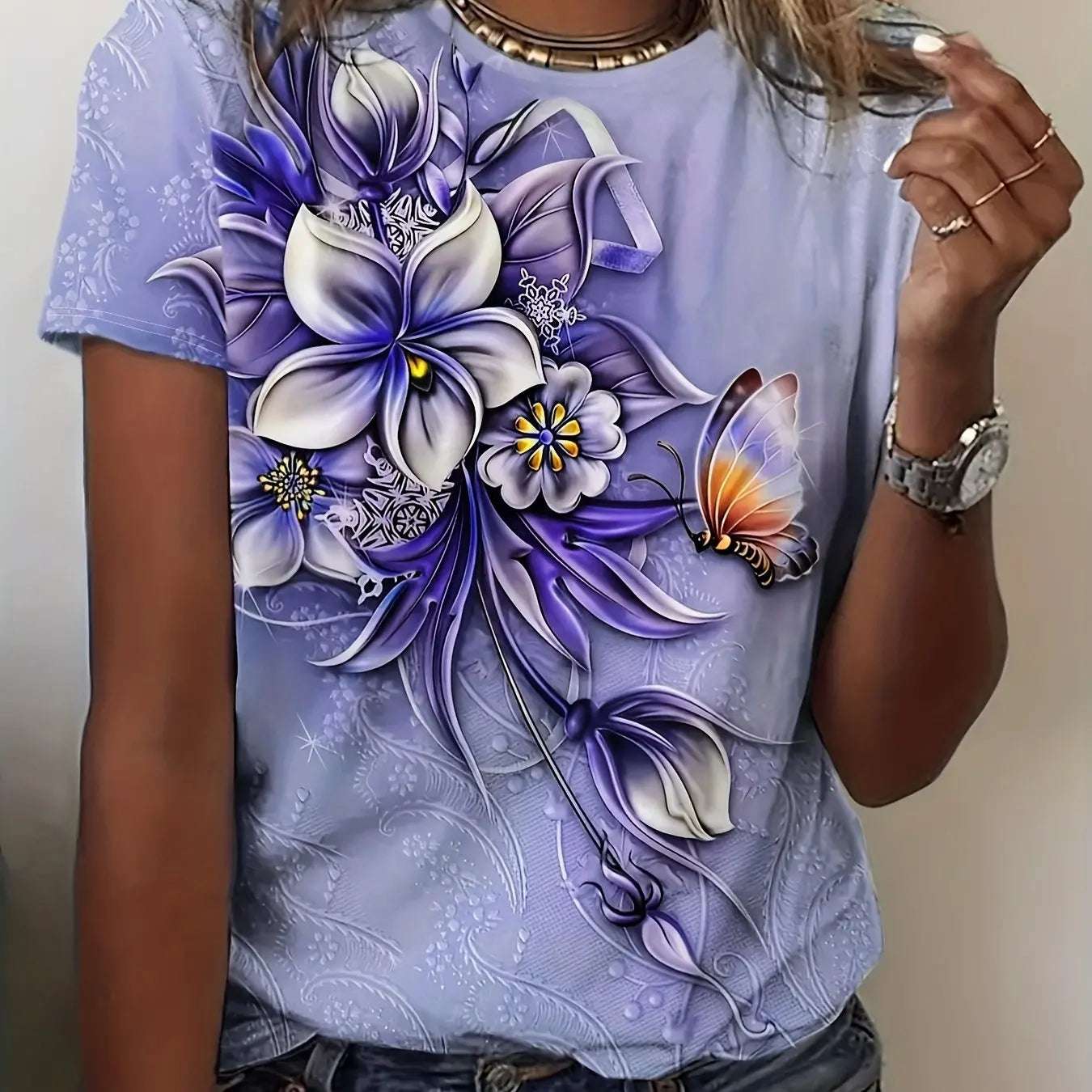 Flower Butterfly Printed Women's T-Shirt Summer NEW Oversize Short Sleeve Tee