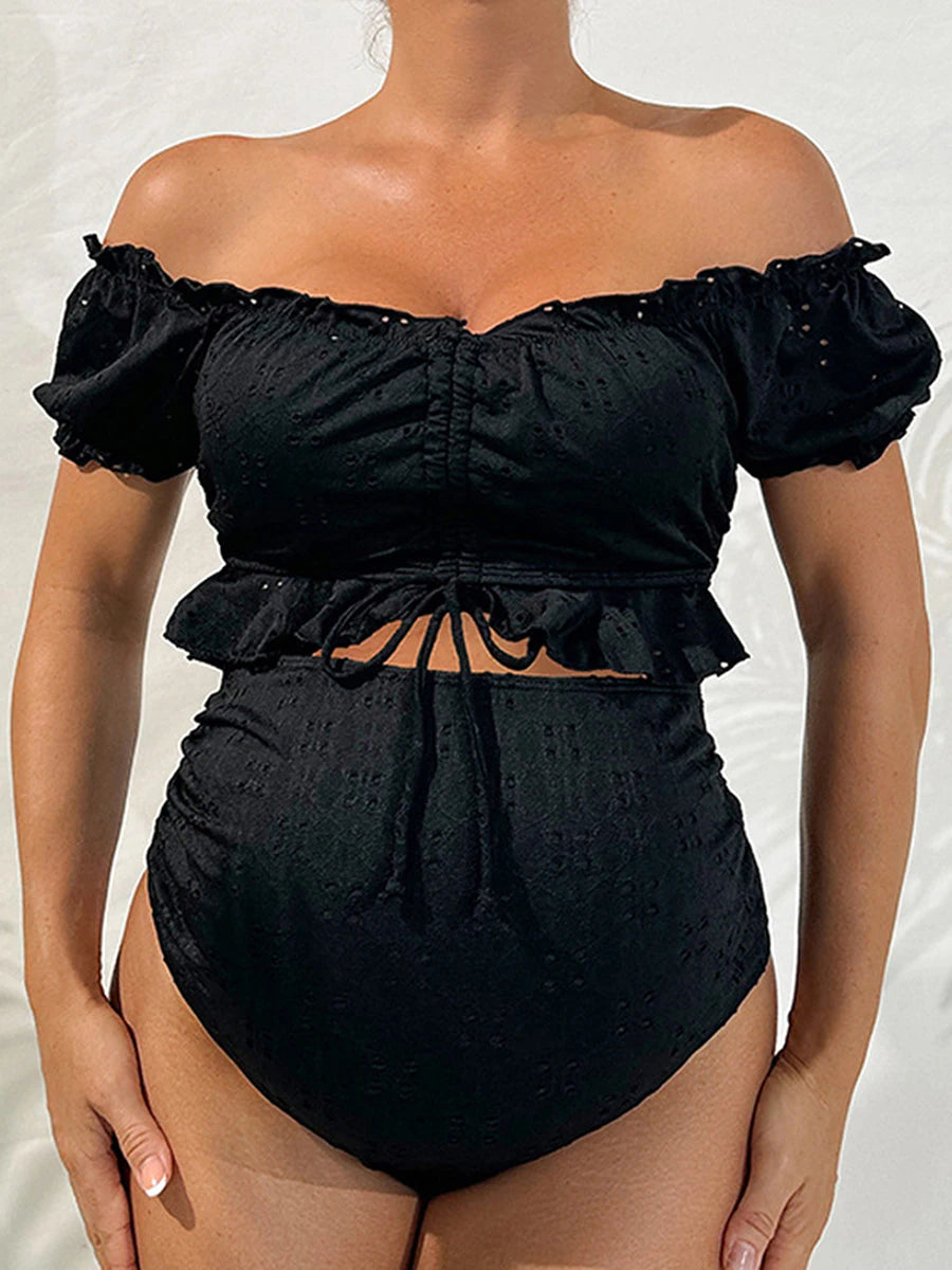 Maternity Tankini Swimsuit High Waisted 2 Pieces Bikini Set Solid Color Off Shoulder