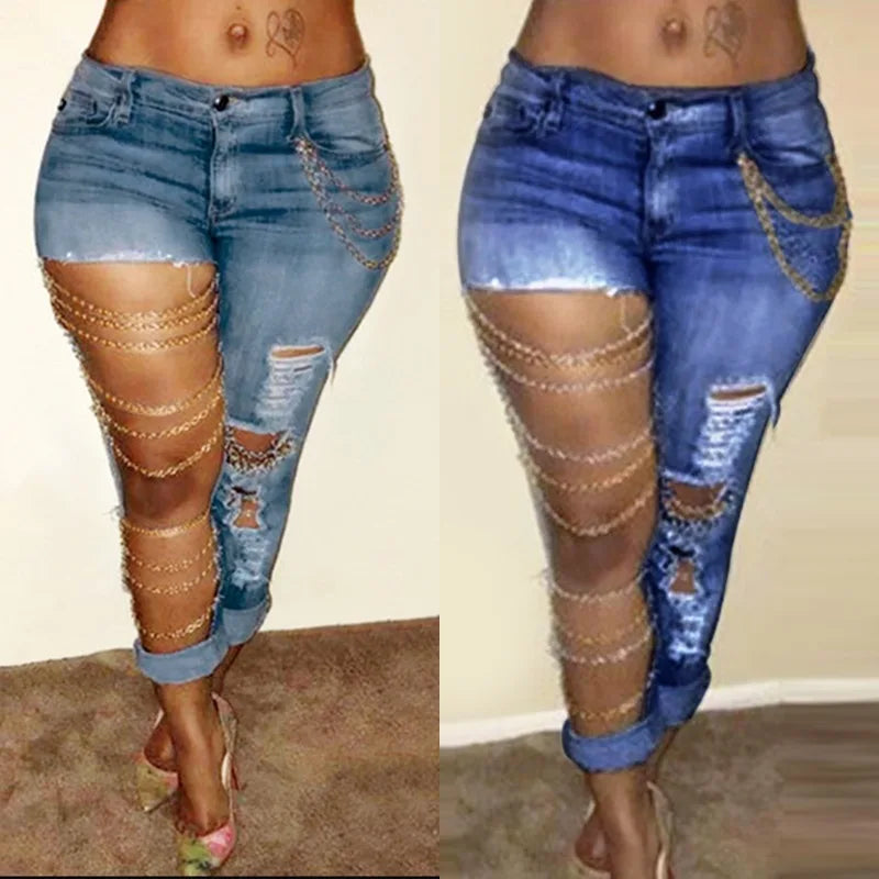 Pencil Pants Denim Big Holes Chain Pockets Streetwear