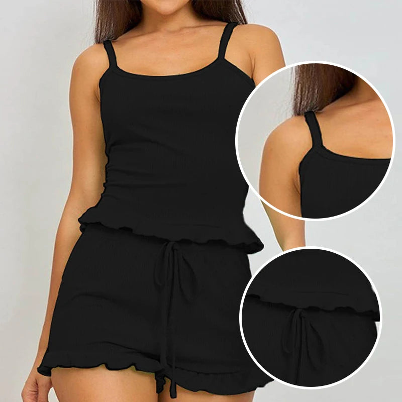 Two-Piece Solid Color Sleepwear Suspender Ribbed Knitted Pleated Vest Shorts Casual Women's Sleepwear Set