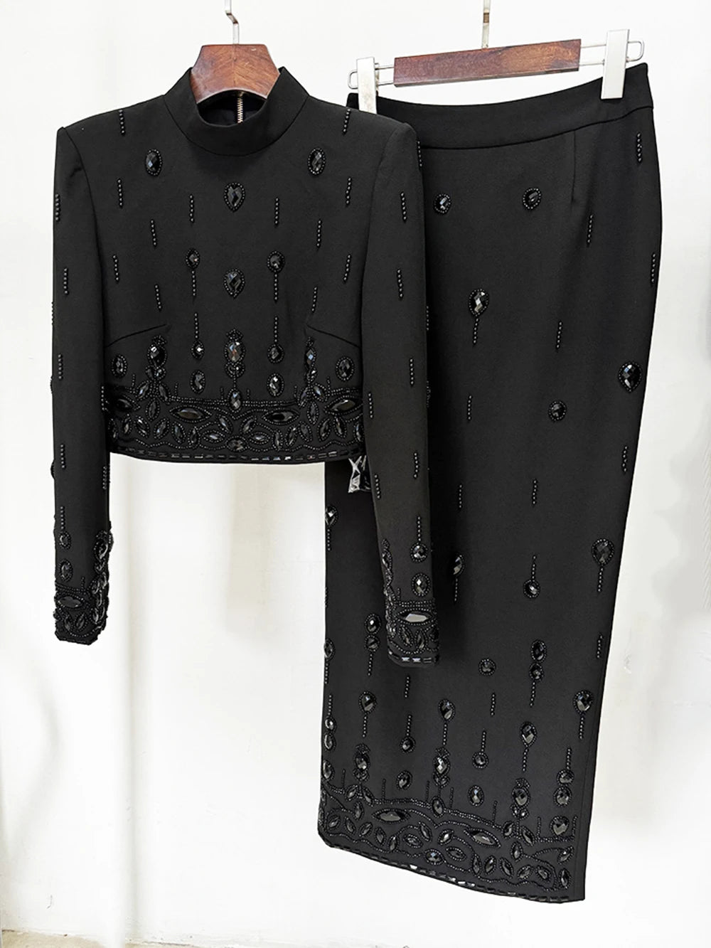 Long Sleeve Short Top and Mini Skirt Suit Outfit, Diamond Beaded Design,High Quality, 2 Pcs Set