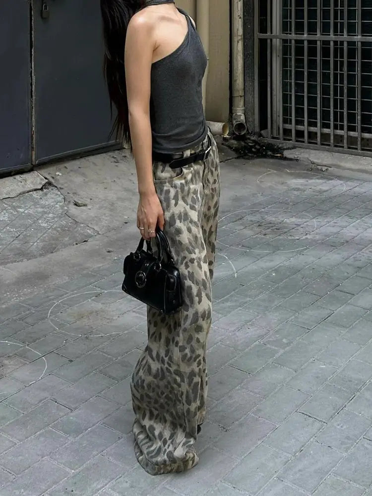 American Vintage Washed Leopard Print Wide Leg Jeans Baggy Jeans Hip Hop Hot Girls Y2k Trousers