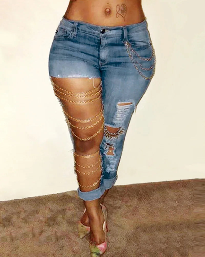 Pencil Pants Denim Big Holes Chain Pockets Streetwear