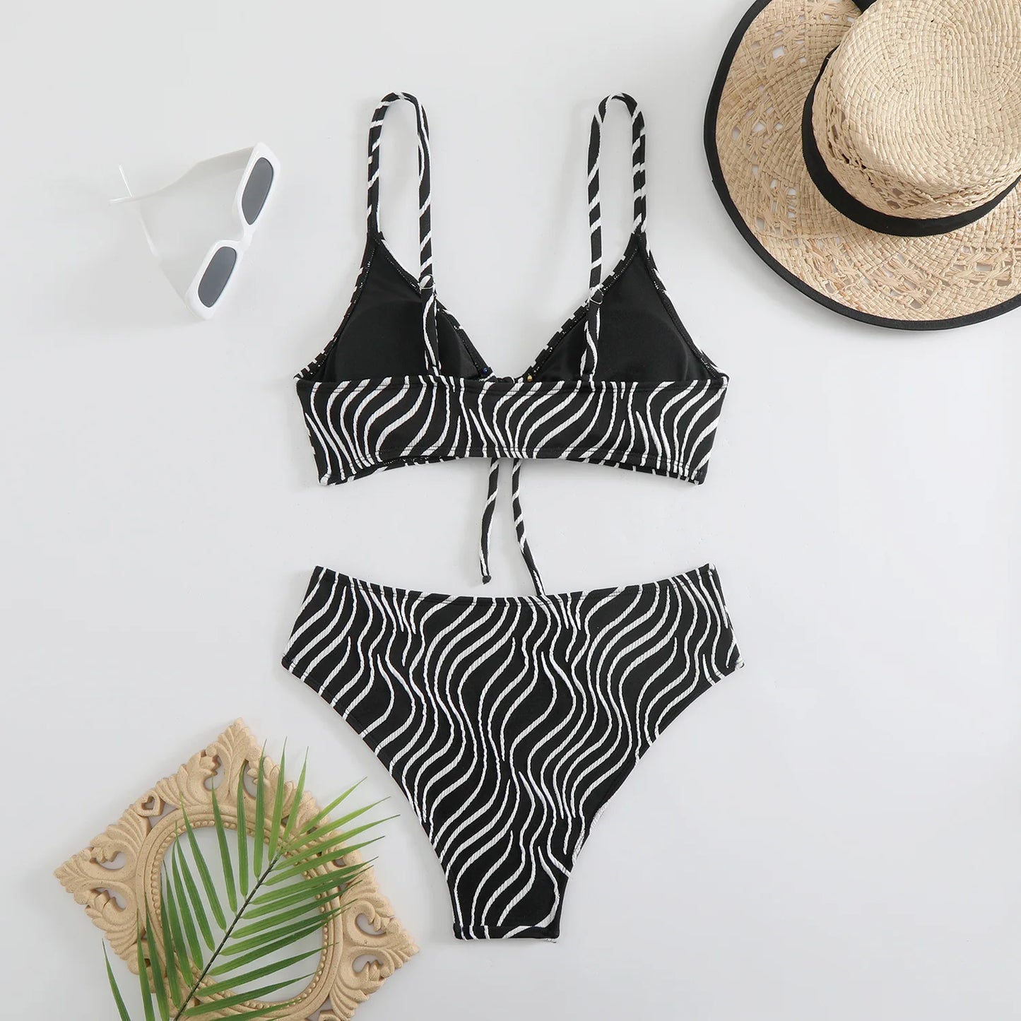 Bikini Set Stripe Print 2 Piece Drawstring Lace-up V Neck Suspender Backless