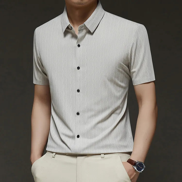 Men's Slim Fit Short Sleeve Dress Shirt Premium Spandex Stretch Fabric Solid Colors Business Casual