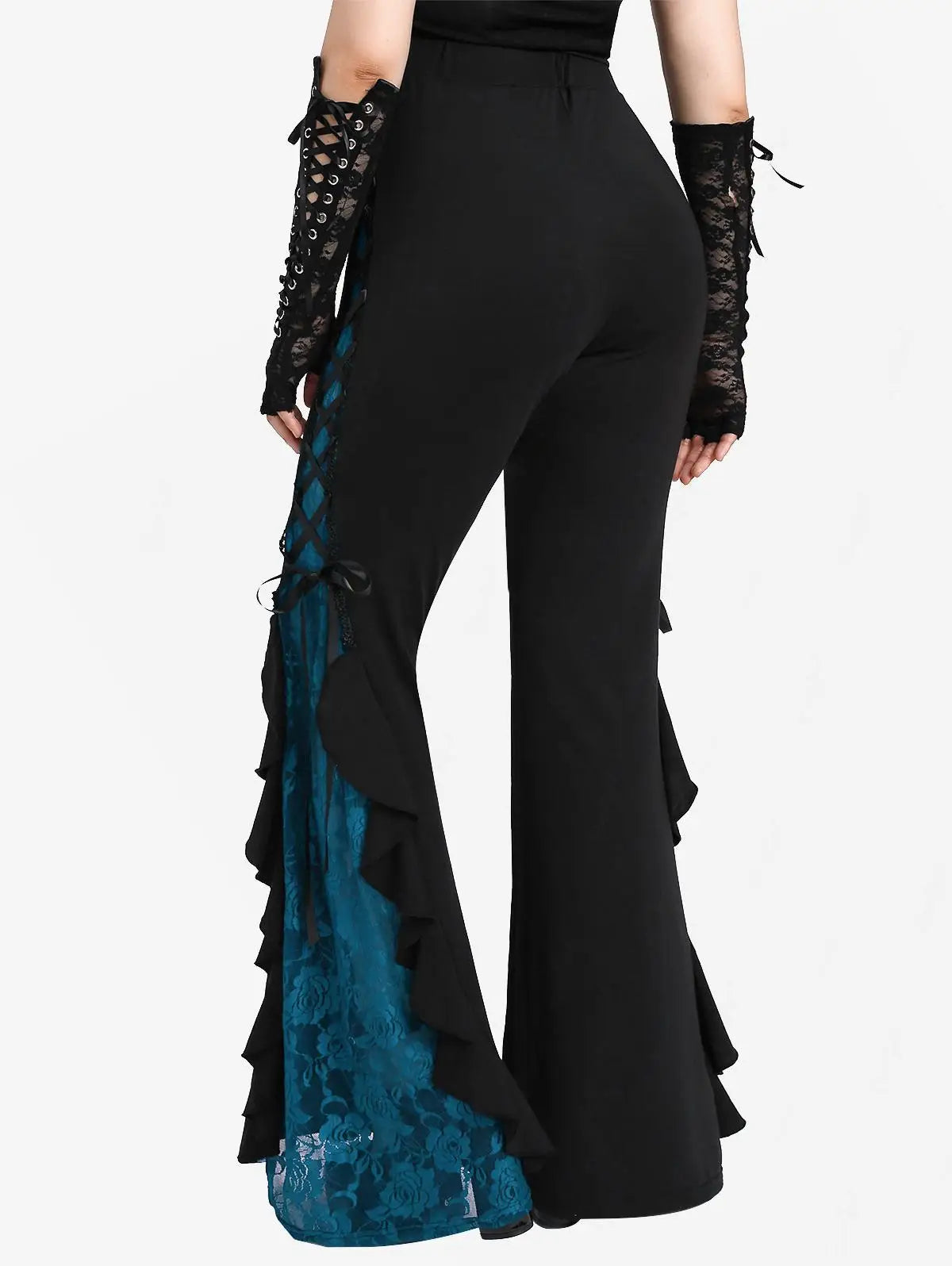 Gothic Lace Panel Lace-up Ruffle Flare Pants Elastic Waist Pull On Pant Colorblock Bell Bottom