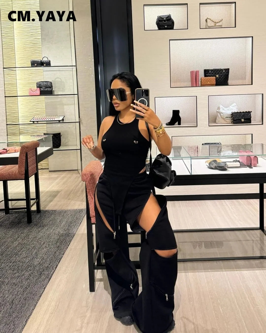 Basic Zipper Adjust Hole Women Wide Leg Loose Joggers Pants Fall Winter Active Loose Sporty Sweatpants