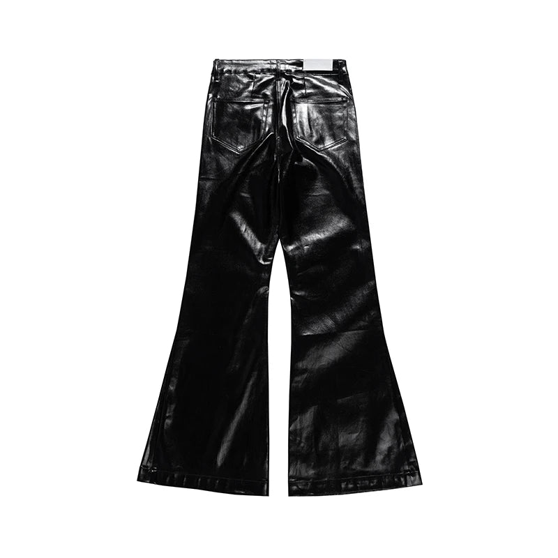 High Street Wide Leg Glossy Leather Pants Sashes Boot Cut Men and Women Straight Baggy Casual Jeans Oversized Flared Trousers