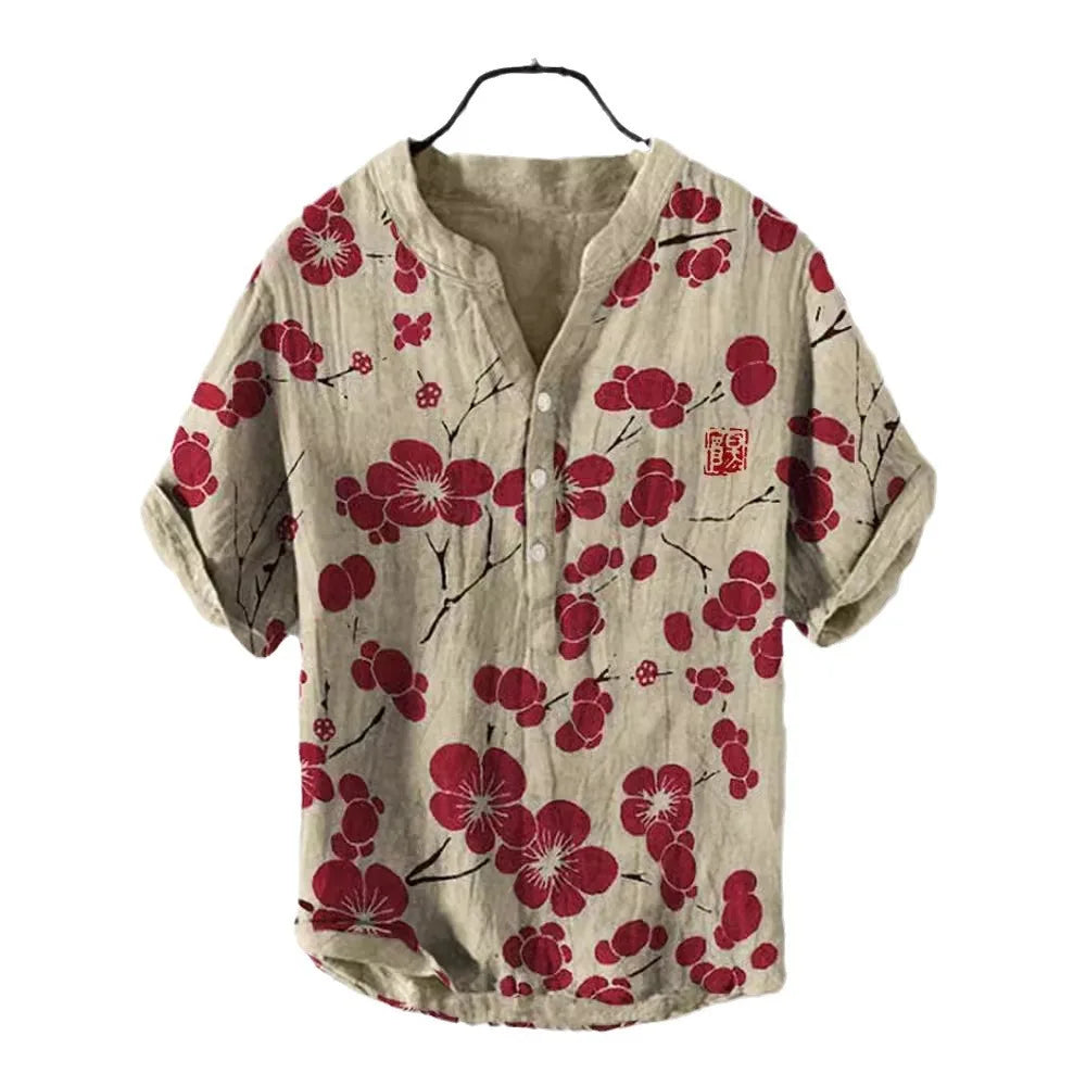 3D digital heat transfer animal landscape 3-button large size stand-up collar short-sleeved shirt