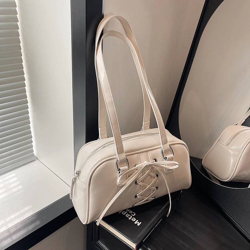 Shoulder Bag for Women Solid Color Boston Tote Bag PU Leather Bowling Handbag Hobo Bag for Work Travel