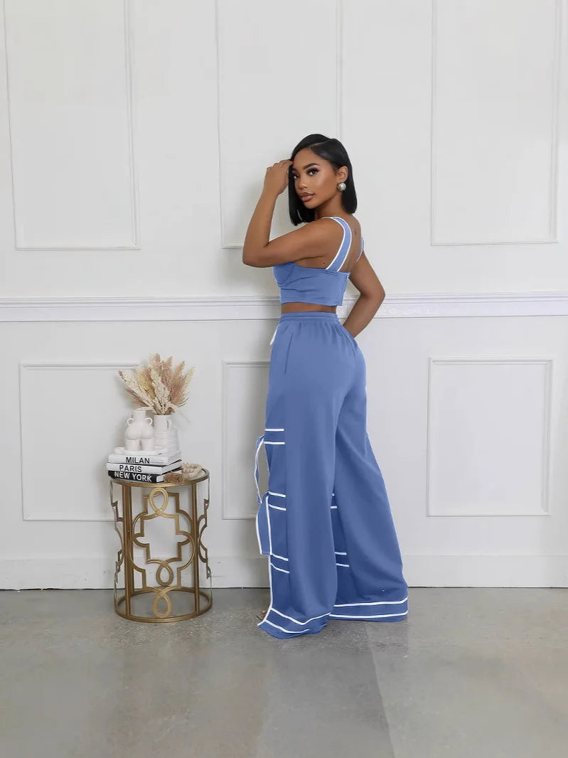 Striped Patchwork Bowknot Split Wide Leg Jogger Trousers