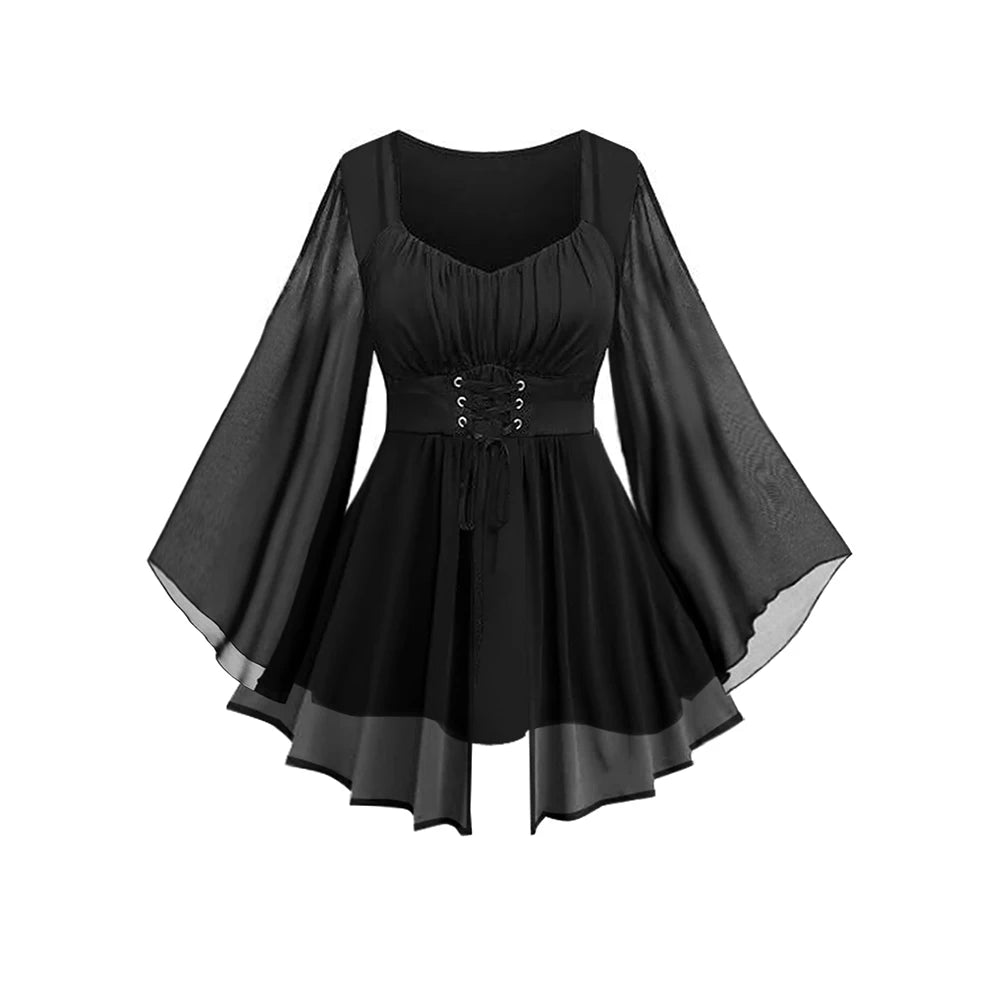 Plus Size Mesh Women Blouse Square Collar Long Sleeves Lace-up Tierred Elegant