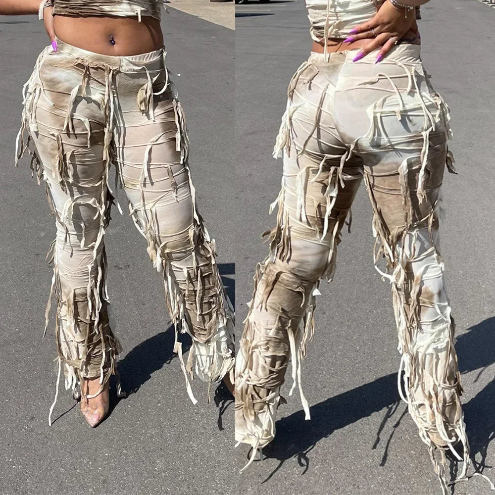 Tie Dye Printed High Waist Drawstring Tassel Flare Pants Stretch Legging Wide Leg