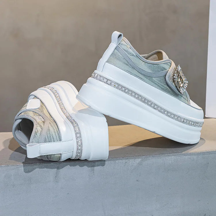 Denim Platform Wedge Genuine Leather Casual Comfy High Brand Chunky Sneakers Hidden Heels Shoes