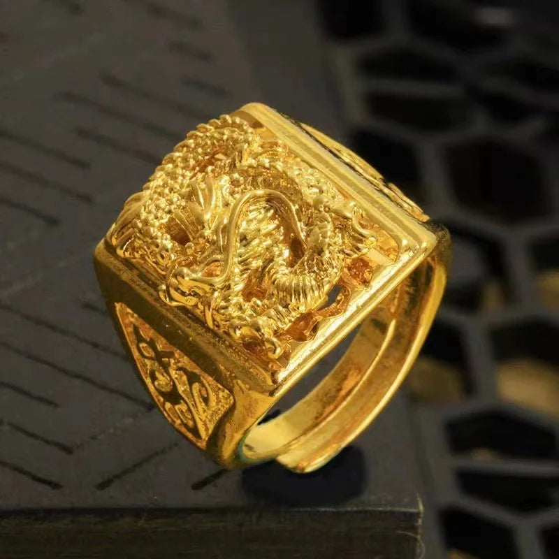 Elegant AU999 men's ring 24K real gold dragon ring domineering opening ring elegant fashionable temperament men's ring