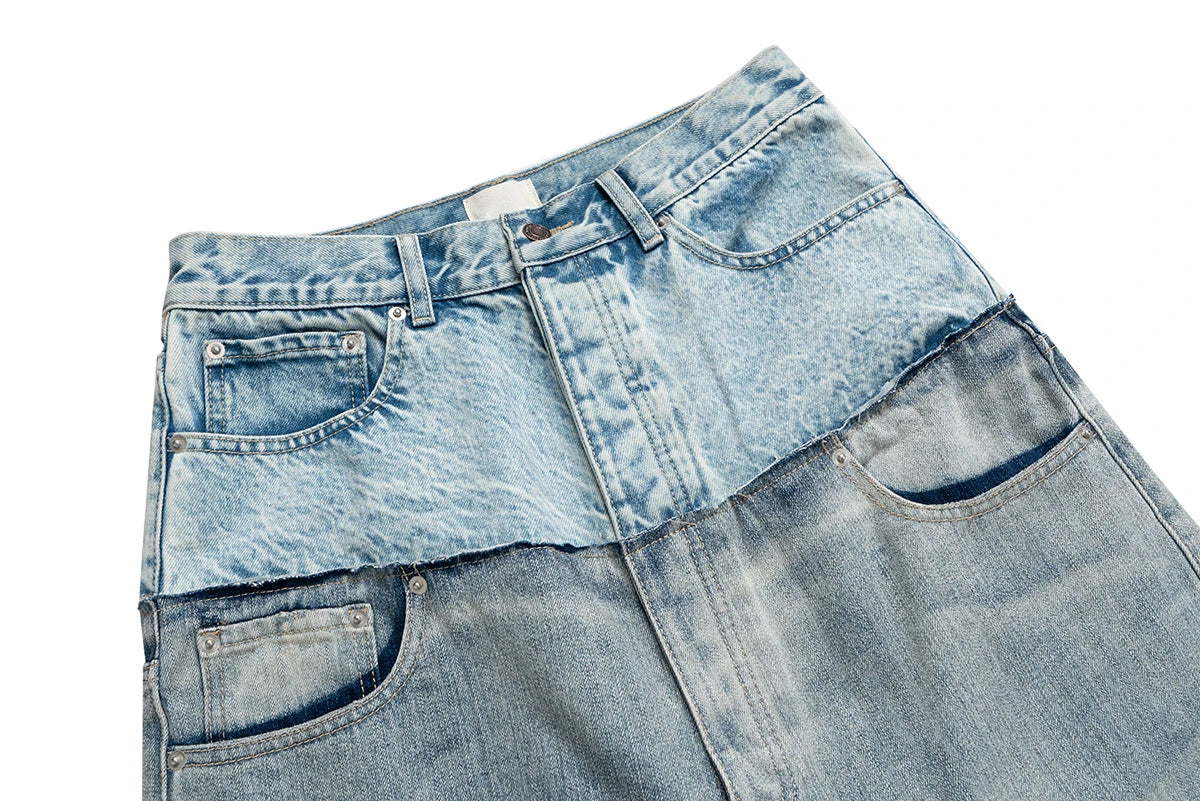 CUT-UP Double-layer Double Waist Patchwork Baggy Jeans for Men and Women Straight Casual Loose