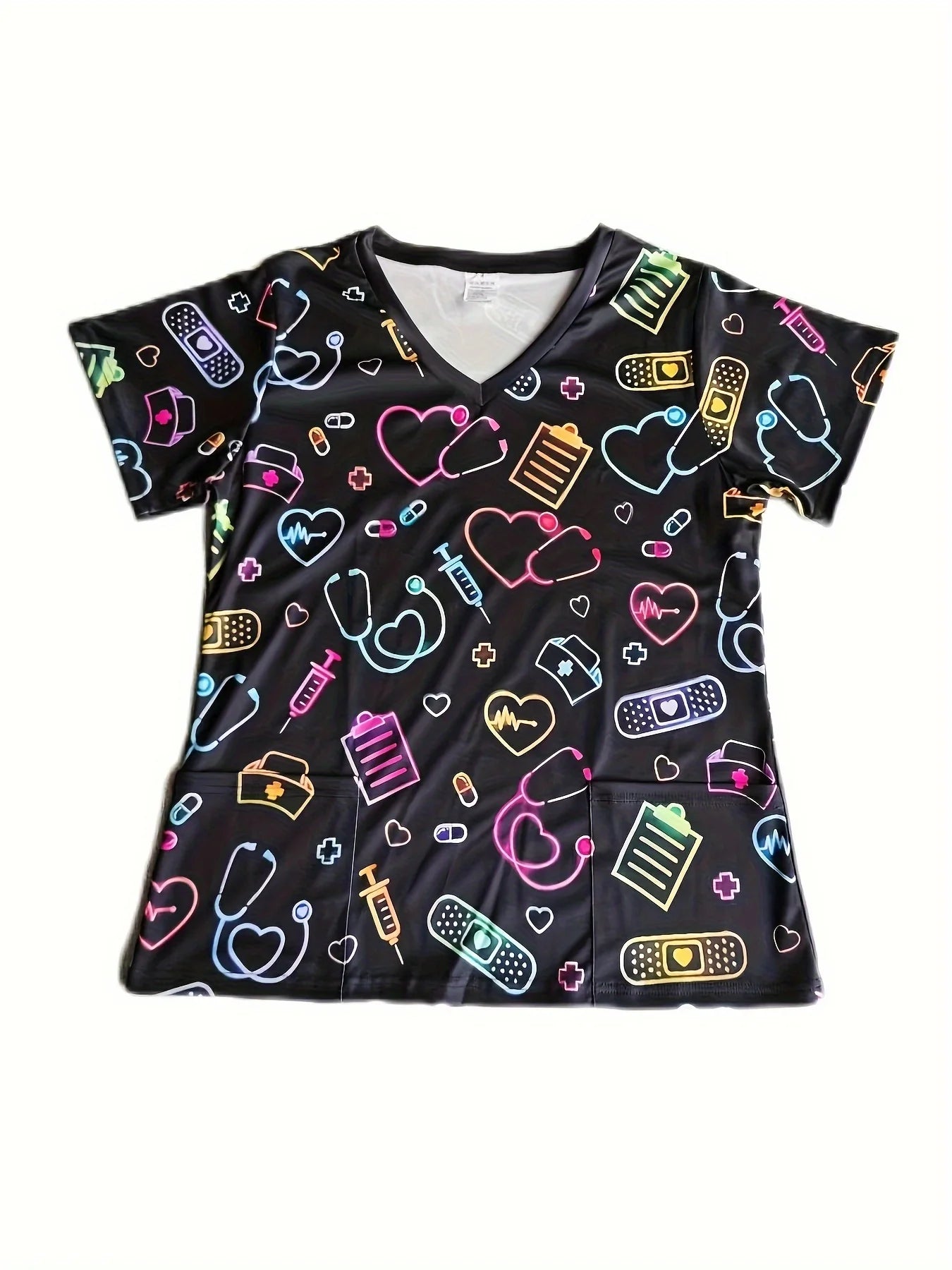 Surgical Uniforms Heart Printed V-Neck Nurses Tops Short Sleeve Patch Pocket Medical Surgical Uniforms Nursing
