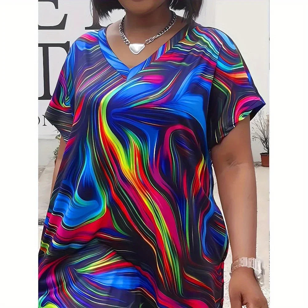 Multicolor Casual Print Patchwork V Neck Short Sleeve Dress