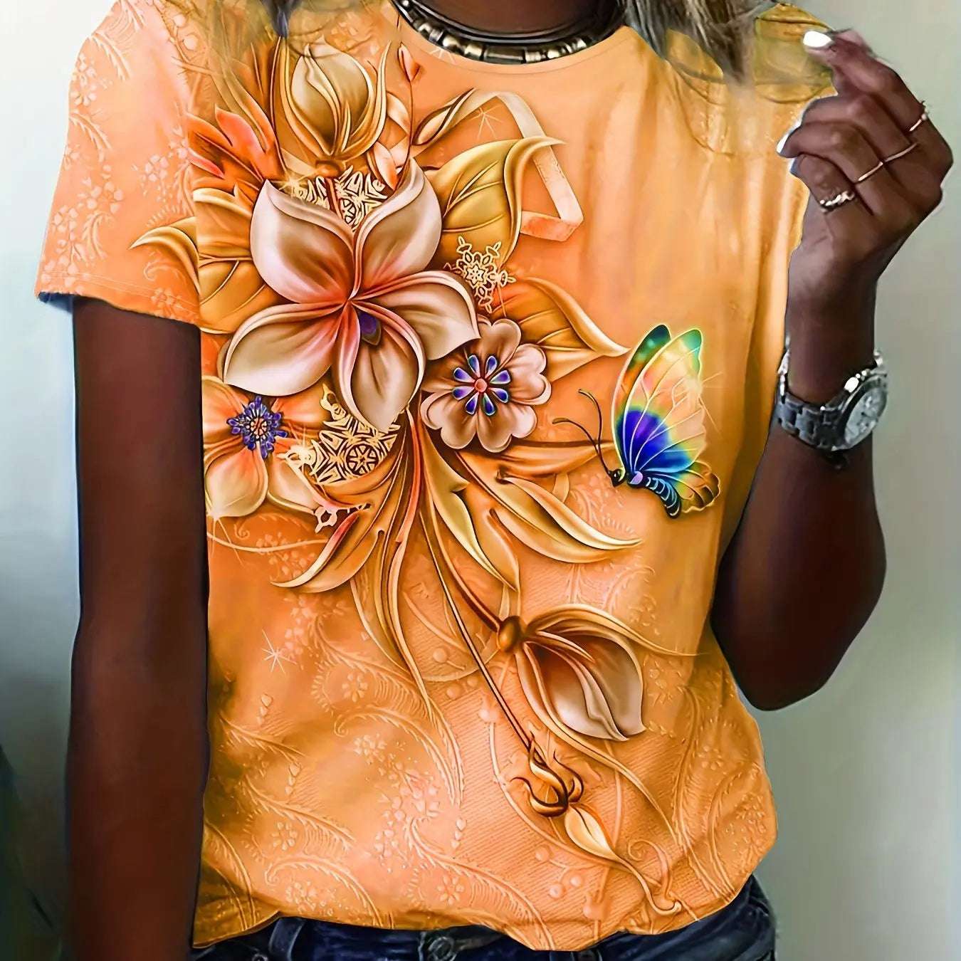 Flower Butterfly Printed Women's T-Shirt Summer NEW Oversize Short Sleeve Tee