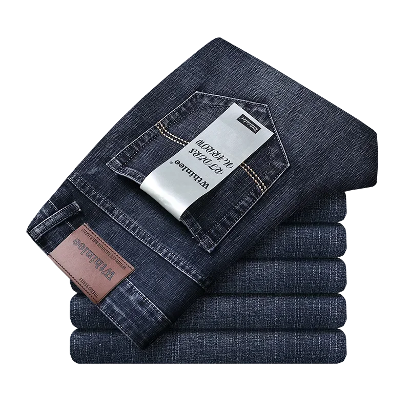 Men Classic Jeans Straight Regular Blue Stretch Denim Trousers Men's