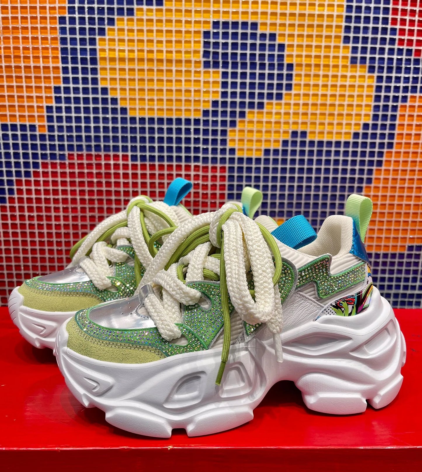 Women High Heels Platform Shoes Green Chunky Sneakers Real Leather Thick Sole Crystal