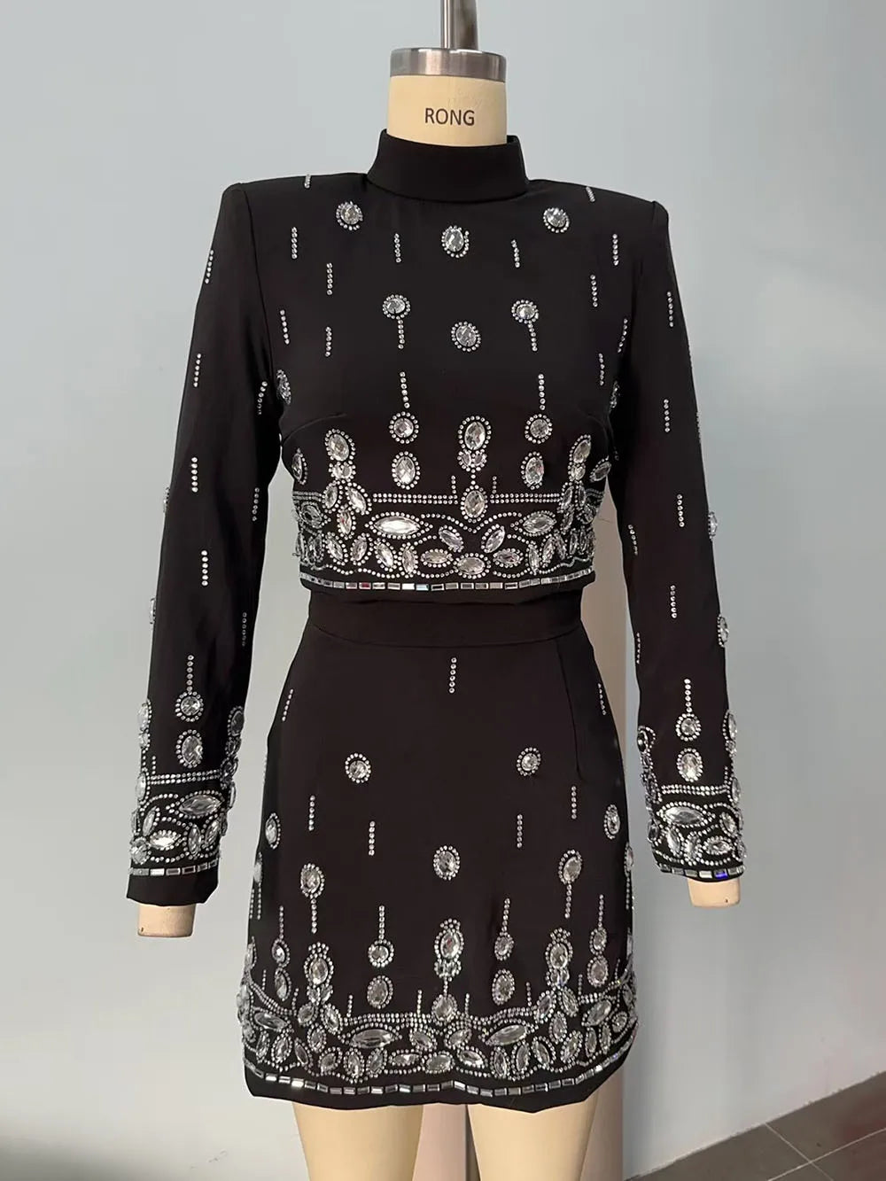 Long Sleeve Short Top and Mini Skirt Suit Outfit, Diamond Beaded Design,High Quality, 2 Pcs Set