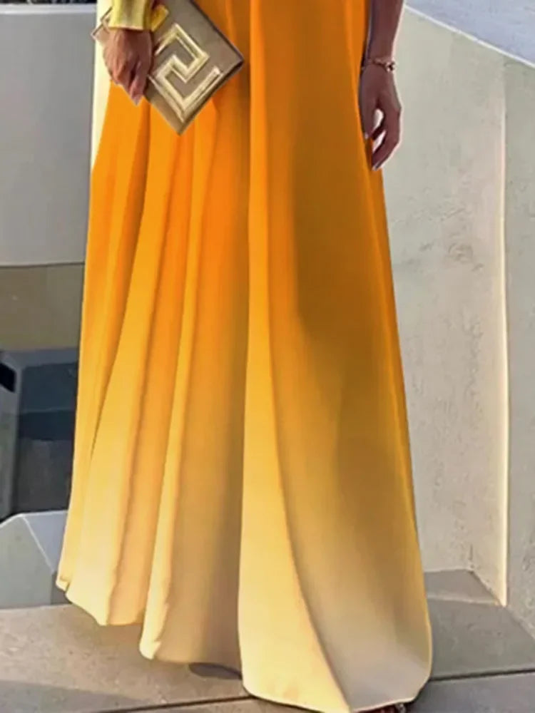 Gradient Color Vacation Beach Dress One-shoulder Sleeveless Elegant