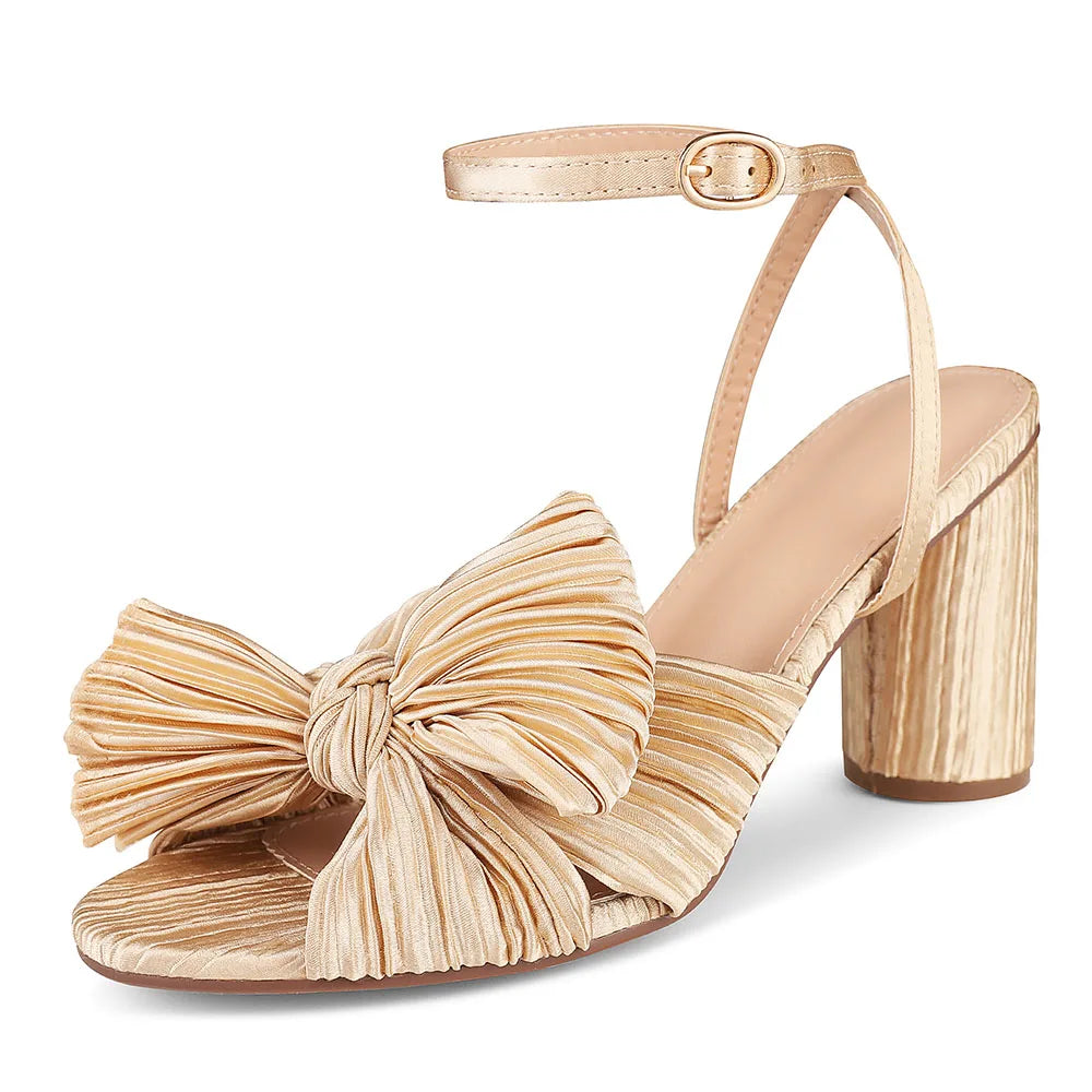 Bowknot EHigh Heel Sandal Ankle Strap Open Toe Round Heel Buckle Strap Gold / 6 / United States Gold / 7 / United States
