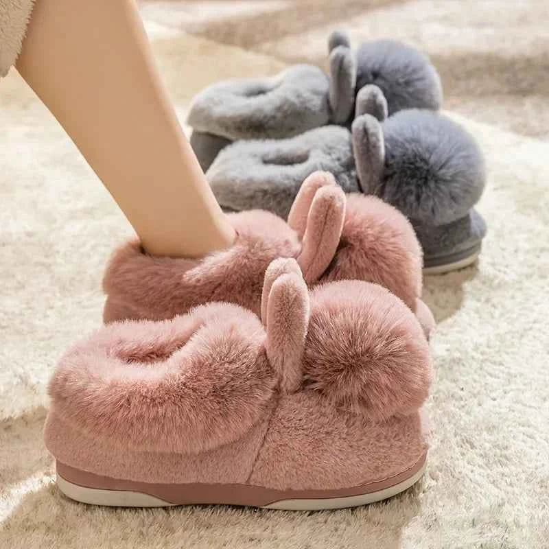 Fluffy Snow Boots Winter Warm Rabbit Ears Thick Bottom Cotton Shoes Anti Slip Solid Color