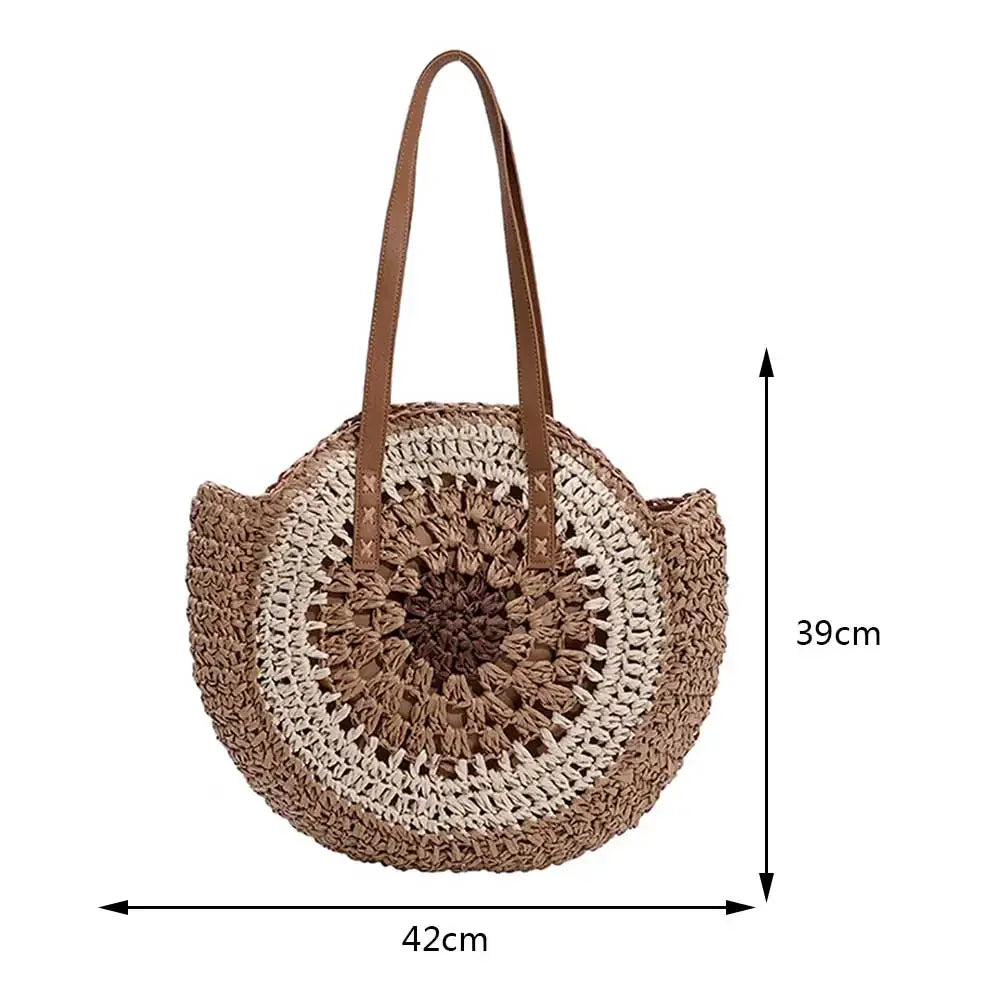 Woven Handbag Round Straw Woven Tote Bag Vacation Shoulder Bag Large Capacity