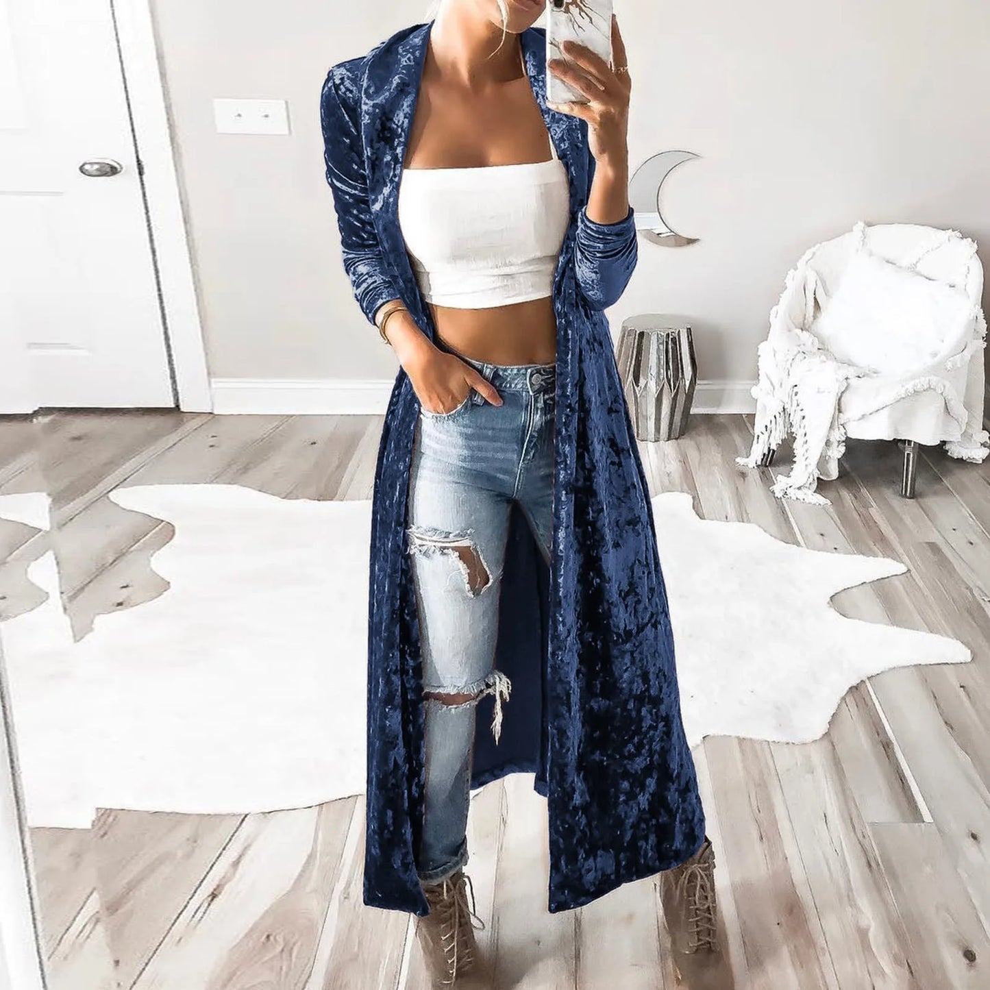 Women's Lightweight Overcoat Velvet Retro Open Front Cardigan Ladies Windbreaker