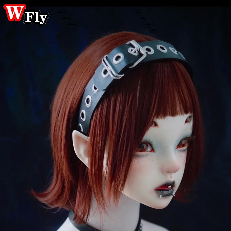 Y2K Gothic Punk Leather Buckle Hair hoop KC headband WHITE Red BLACK WHITE-Red-BLACK-Pink-Lavender-