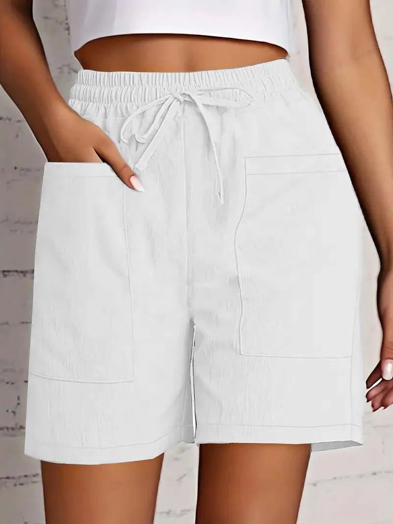 Summer New Women's Solid Color Pocket Loose High Waist Casual Fashion Quarter Shorts