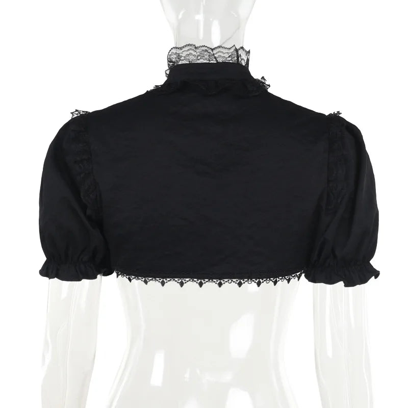 Vintage Gothic Smock Women Elegant Cute Lace Patchwork Puff Sleeve Crop Tops Aesthetic Fairy