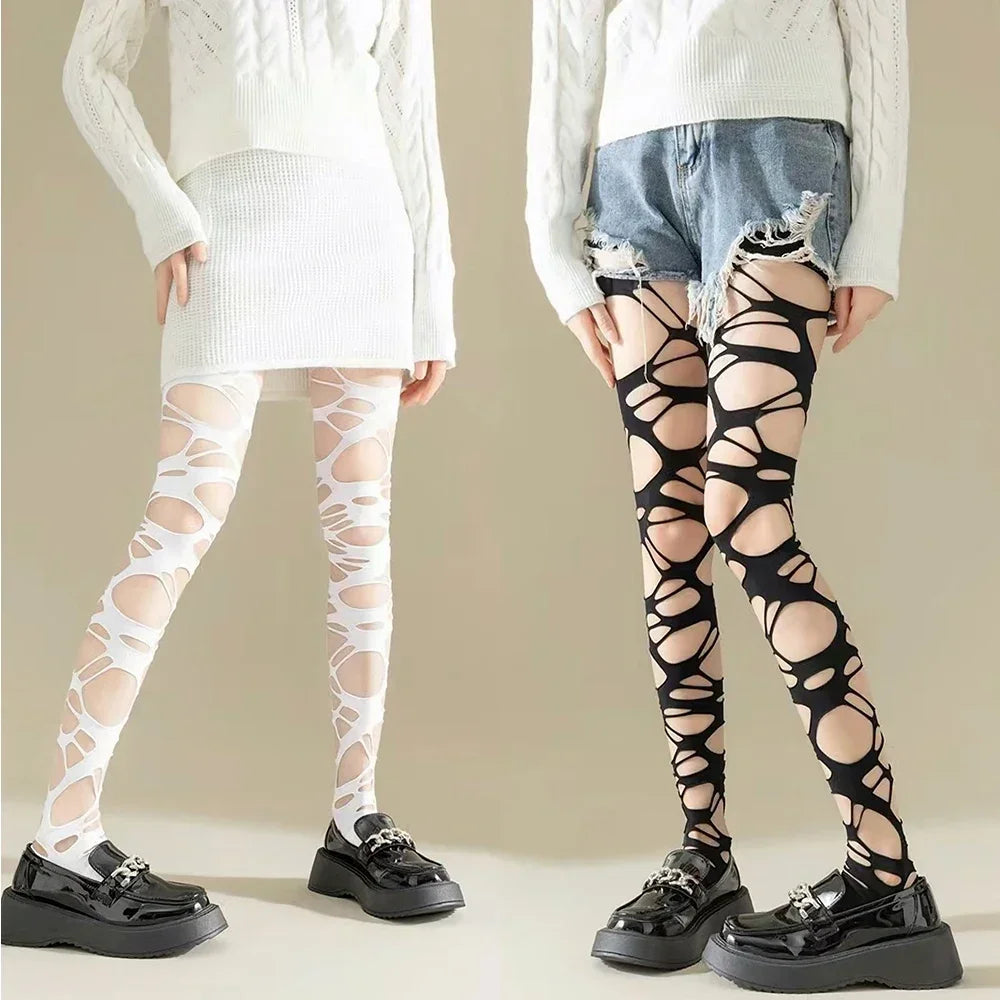 Punk Torn Strap Holes Gothic Spider Web Stocking Y2k Black Mesh Soft Tights High Hosiery