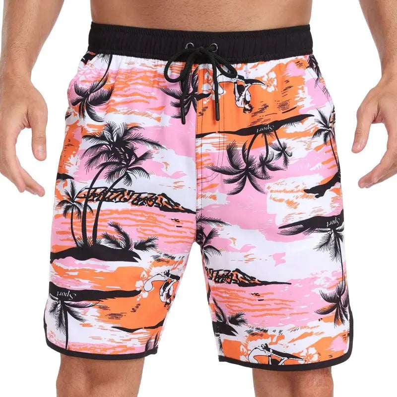 Men's Drawstring Printed Swimsuit Men Quick Dry Beach Trunks with Pockets and Lining