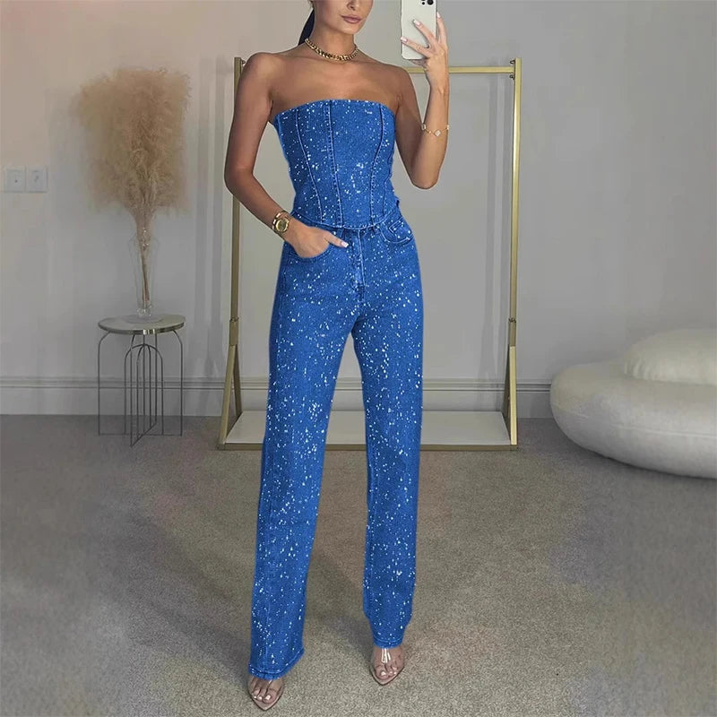 Rhinestone Denim Set Corset Shaping Crop Top Matching Slim Fit Jeans Party Clubwear Nightclub Cowgirl Style