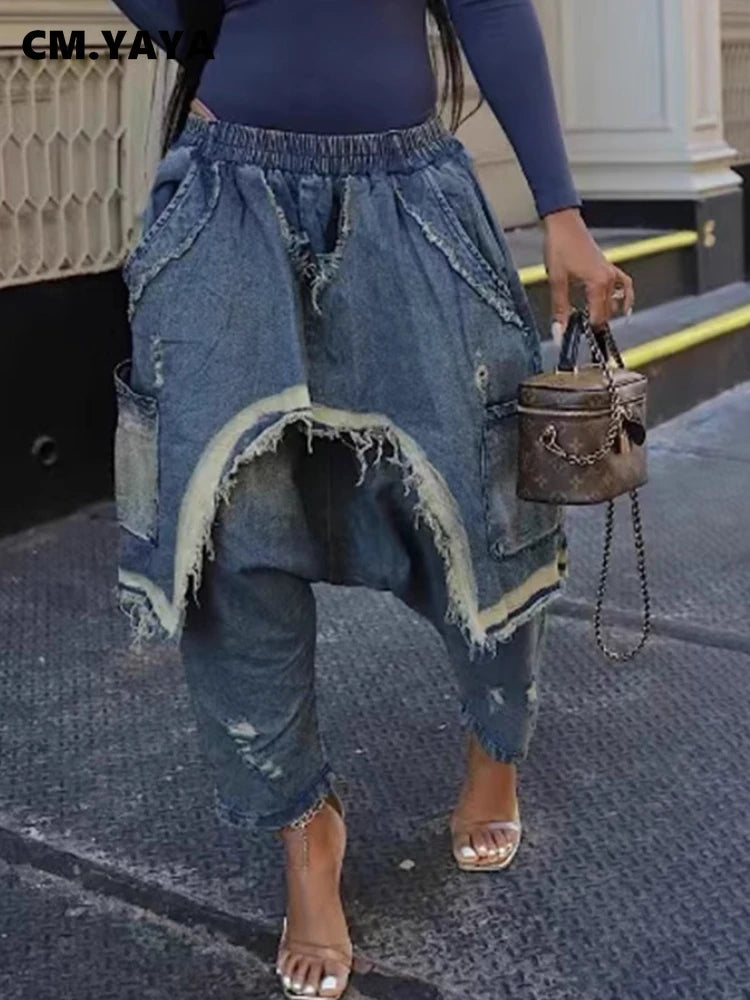 Women Streetwear Ripped Out Hole Denim Pants Loose Safari Style Cargo Harem