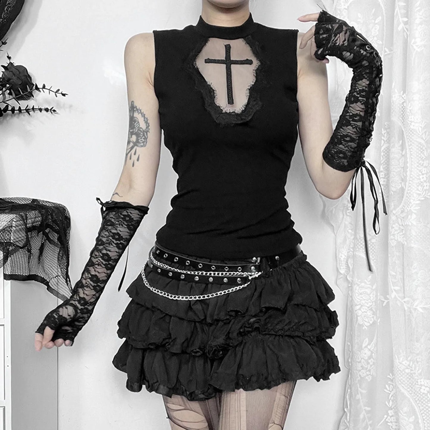 Goth Cross Print Lace Crop Top Camis Black Red Basic Corset Tank Black / S / United States Black / L / United States