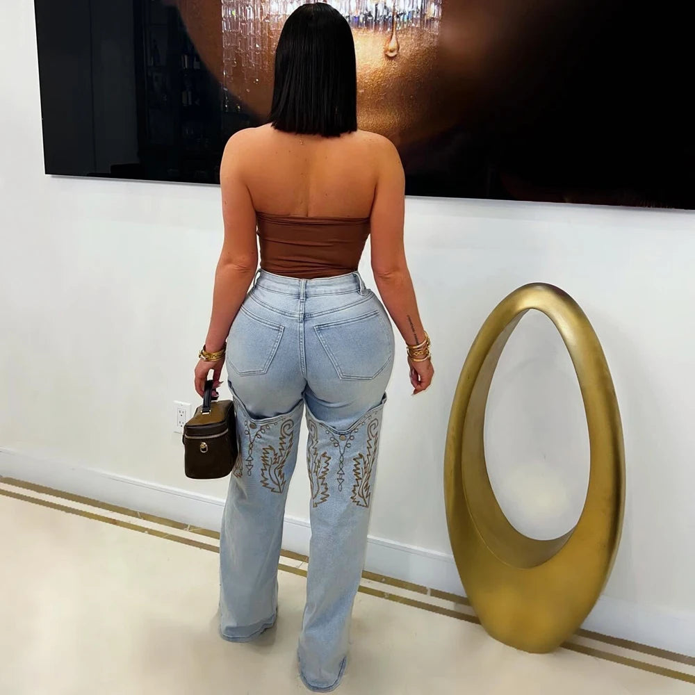 Embroidery Denim Trousers Casual High Waist Straight Leg Jeans Women