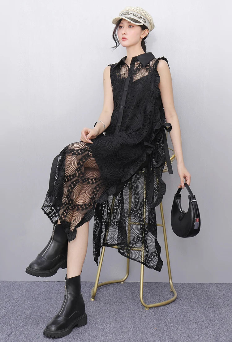 Solid Black White Sleeveless Black Lace Dress Loose Fit Button Up Gorgeous Casual Tank
