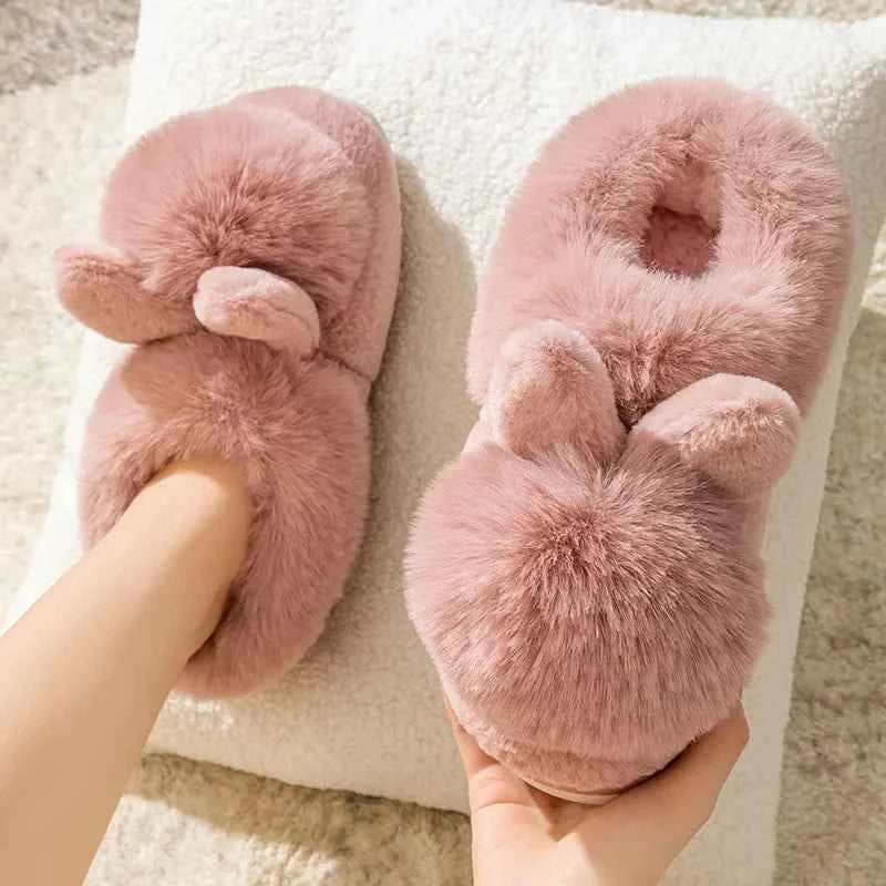 Fluffy Snow Boots Winter Warm Rabbit Ears Thick Bottom Cotton Shoes Anti Slip Solid Color pink A