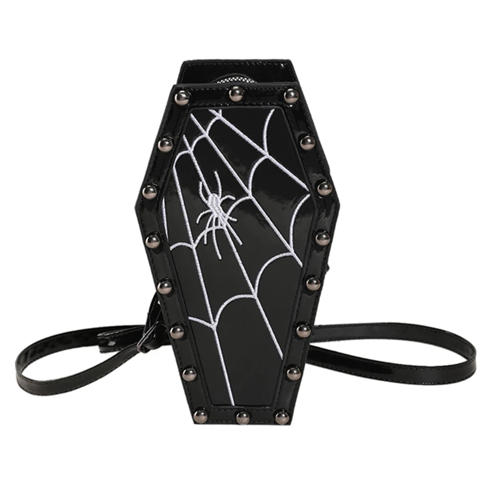 Women Coffin Satchel Purse Cartoon Gothic Coin Purse Strap Adjustable Casual Spider Coffin Bag