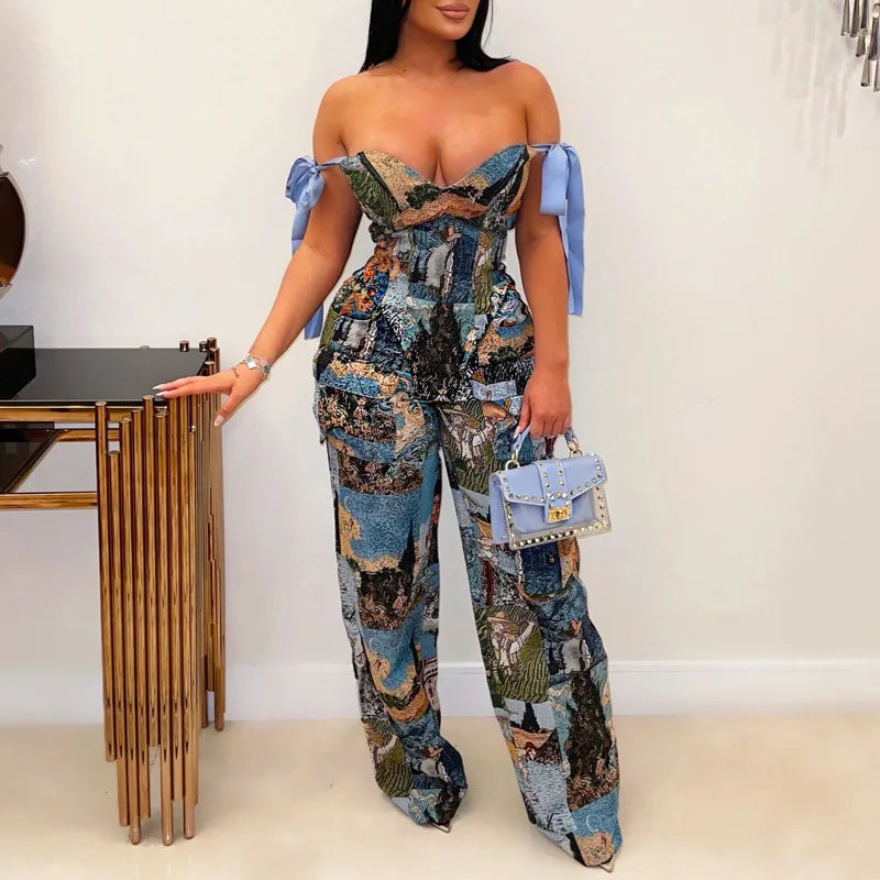 2 Piece Set Print Lace Up Strapless Tops + Wide Leg Pants Club Party Two Piece Outfits
