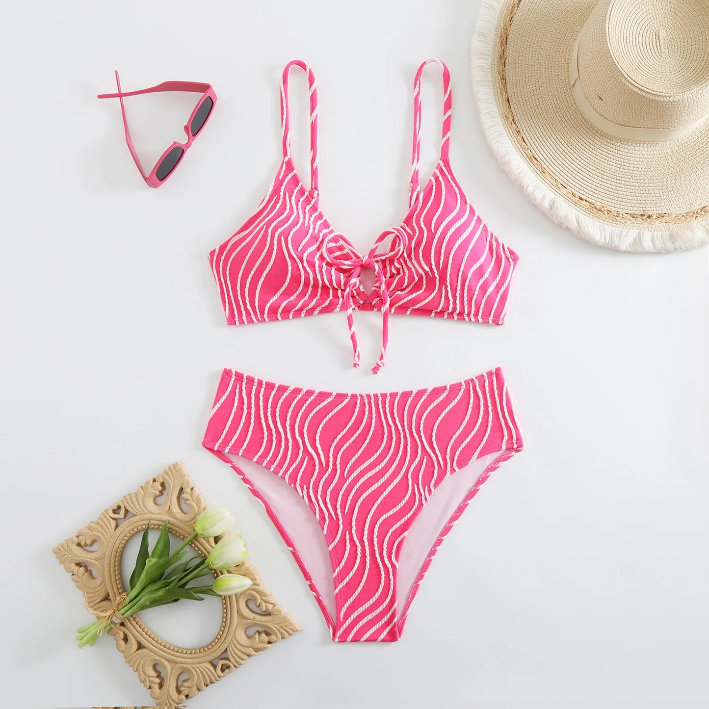 Bikini Set Stripe Print 2 Piece Drawstring Lace-up V Neck Suspender Backless